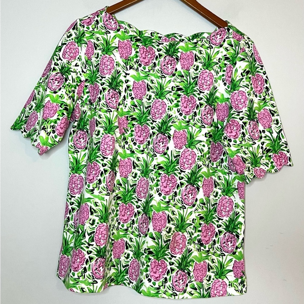 Charter Club Scalloped Pineapple Print Top Blouse Sz L